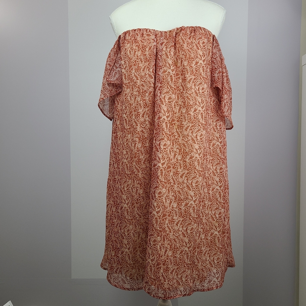 Sezane Alba brown paisley strapless off shoulder mini dress, Size 8